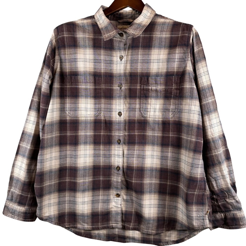 Carhartt Flannel Plaid Button Down Shirt Brown Cream XXL 20 Cotton Stretch FLAW